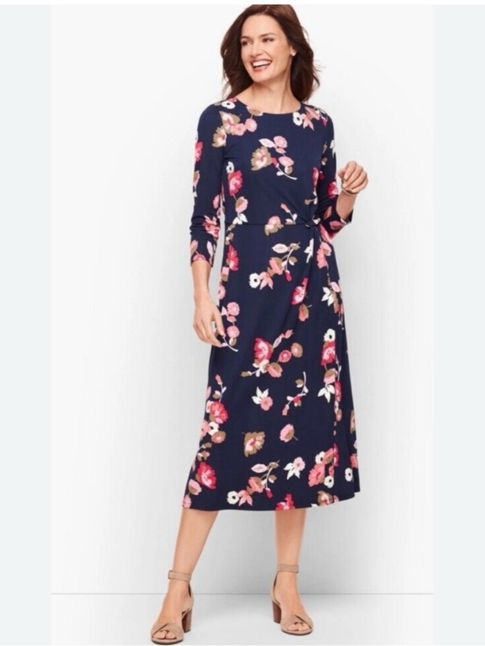 Talbots stretch navy / pink floral midi dress 12